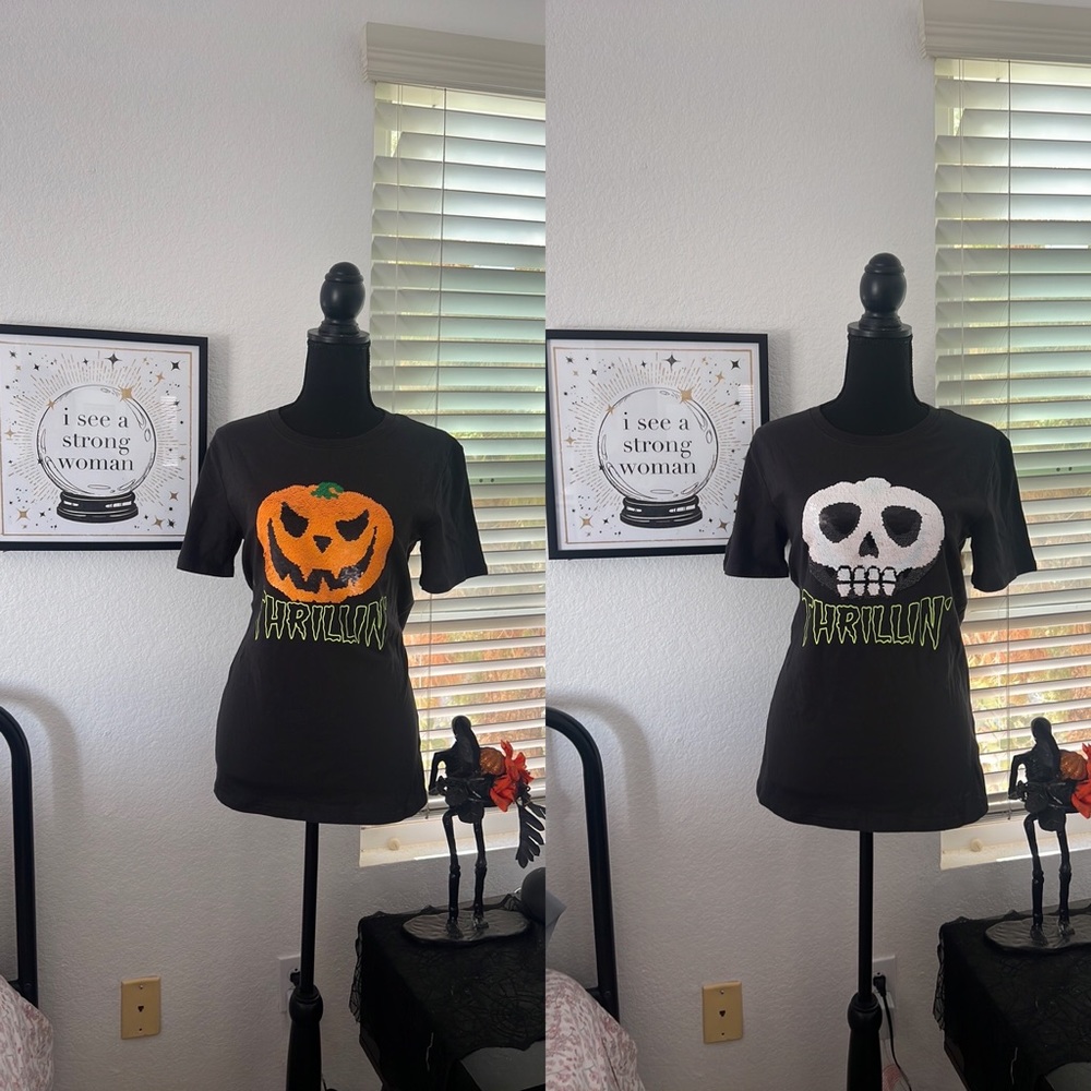 H&M Reversible Sequined Pumpkin Skull Shirt